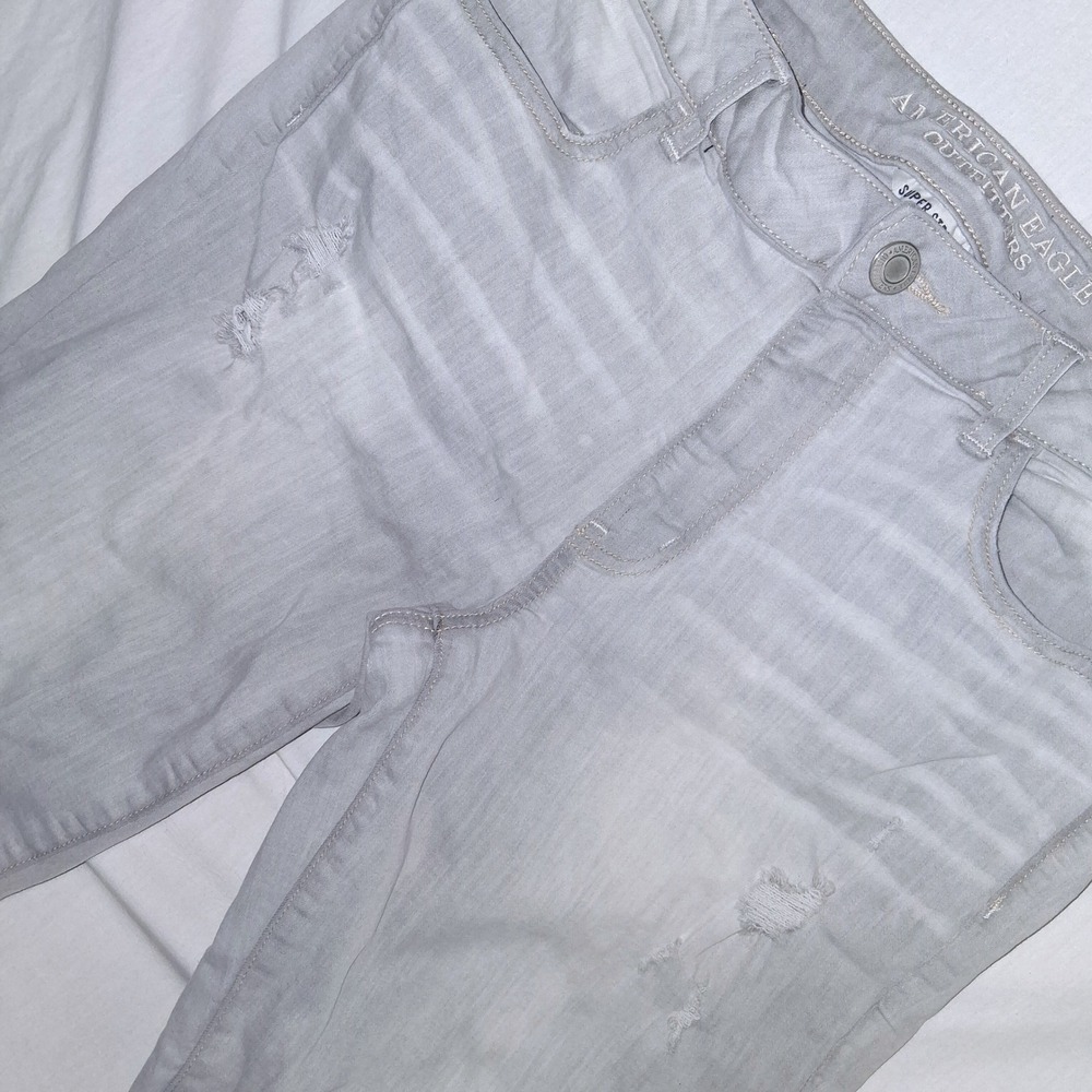 American Eagle Super Stretch Skinny Jeans Light Gray Distressed Ripped Womens 14